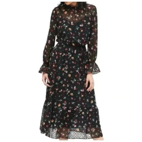 Banana Republic ClipDot Black Floral Chiffon Midi Dress - Picture 2 of 12